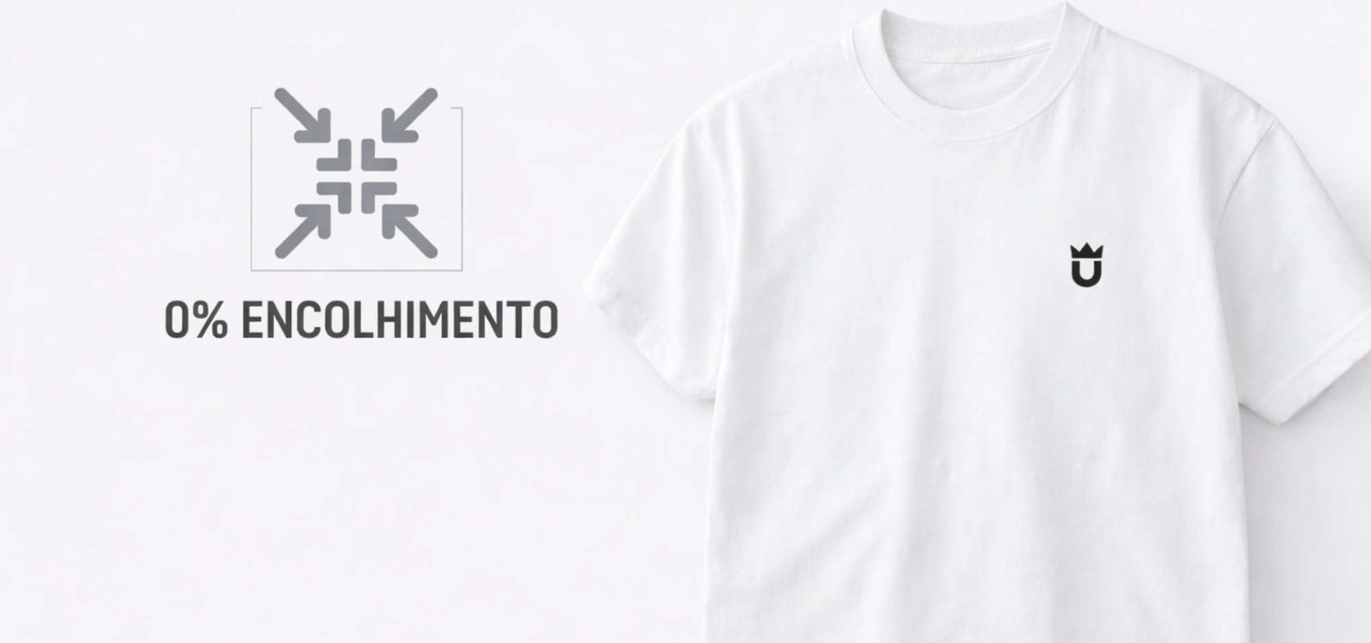 Camiseta branca dobrada ao lado do selo 0% de encolhimento
